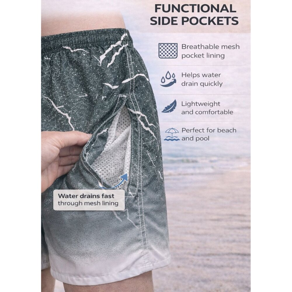 Mens 2-Pack Swim Trunks Mesh Liner Beach Board Swim Shorts, 2-Pockets, Quick-Dry - Picture 4 of 6